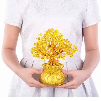 Мини кристалл деньги дерево бонсай Стиль для удачи в деньгах фэн-шуй приносящий богатство Luck Home Decor подарок на день рождения - Цвет: L gold