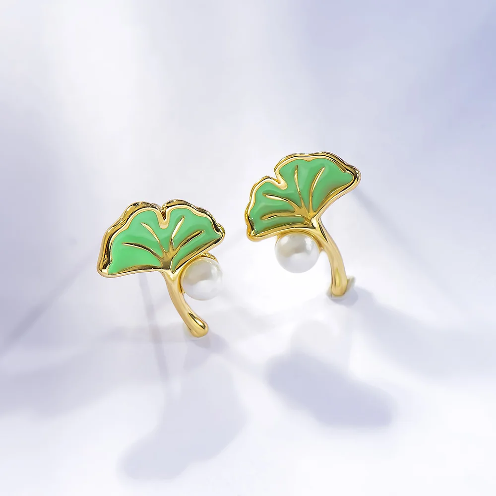 Viennois Fashion Jewelry Gold Color Mini Green Leaves Faux Pearl Stud Earrings for Women