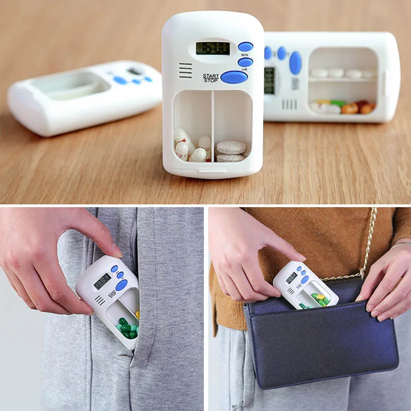 Portable Smart LCD Digital 2 Grids Medicine Pill Box Alarm Time
