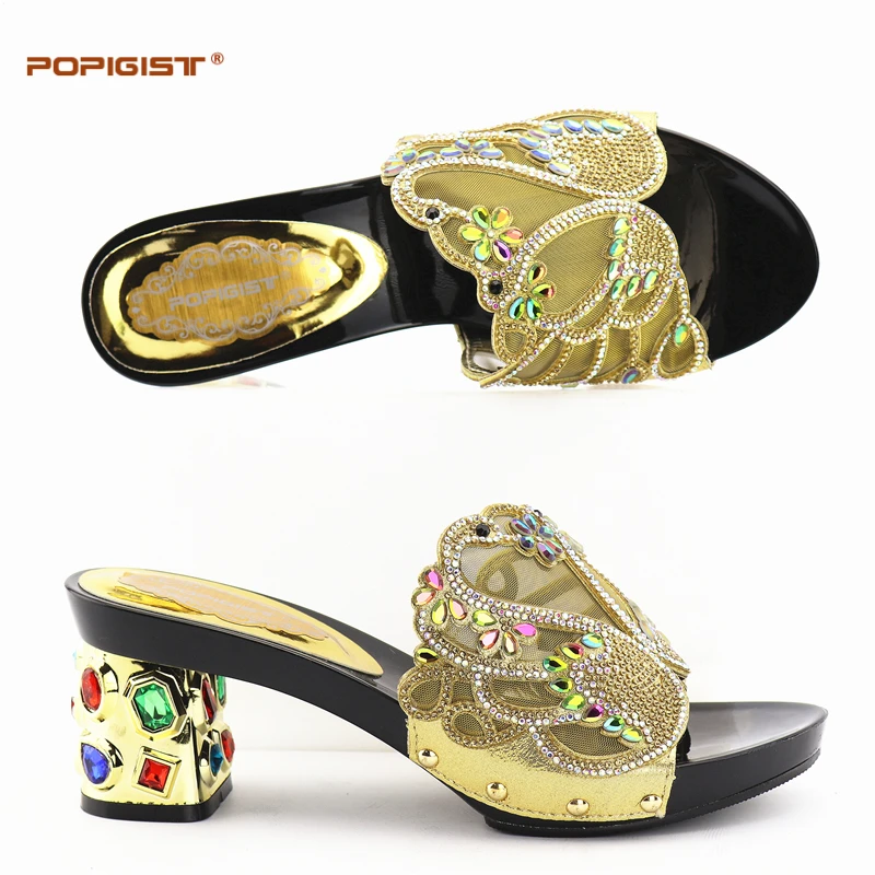 2018 Lastest Gold Nigeria Women Shoe Color Stones Semi Transparent Vamp