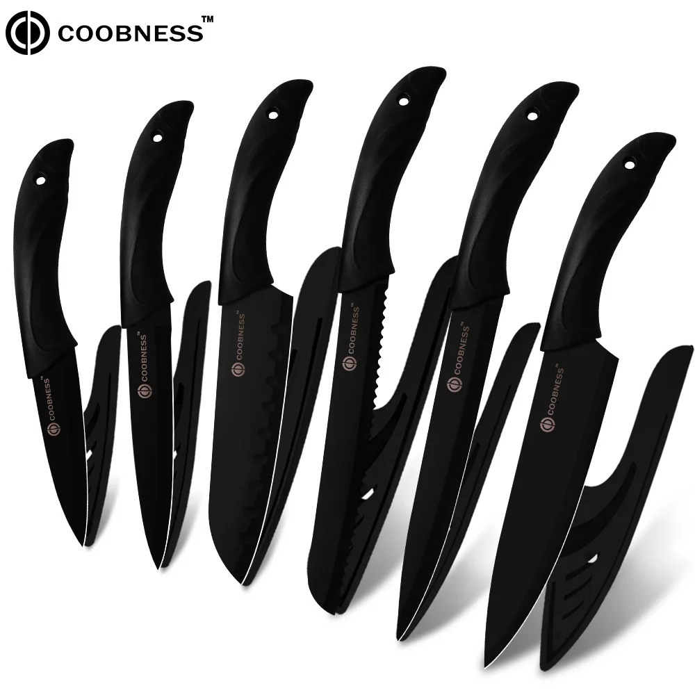 COOBNESS Professional Kitchen Knife Meat Vegetable Chopper Knives 3Cr13 Steel Bread Santoku Knife PP+TPR Handle Knives Tools - Цвет: 6 Pcs Set