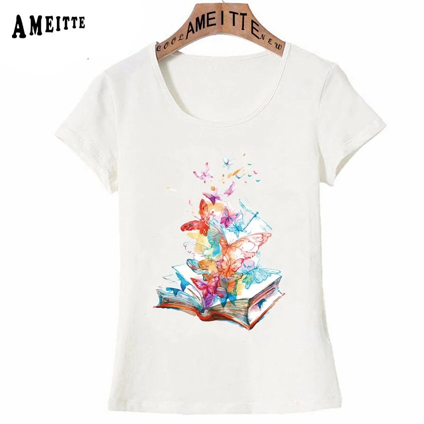 

2019 New Summer Fashion Women T Shirt Fantasy Book with Butterflies Watercolor T-Shirt Books Lovers Casual Tops Cute Girl Tees