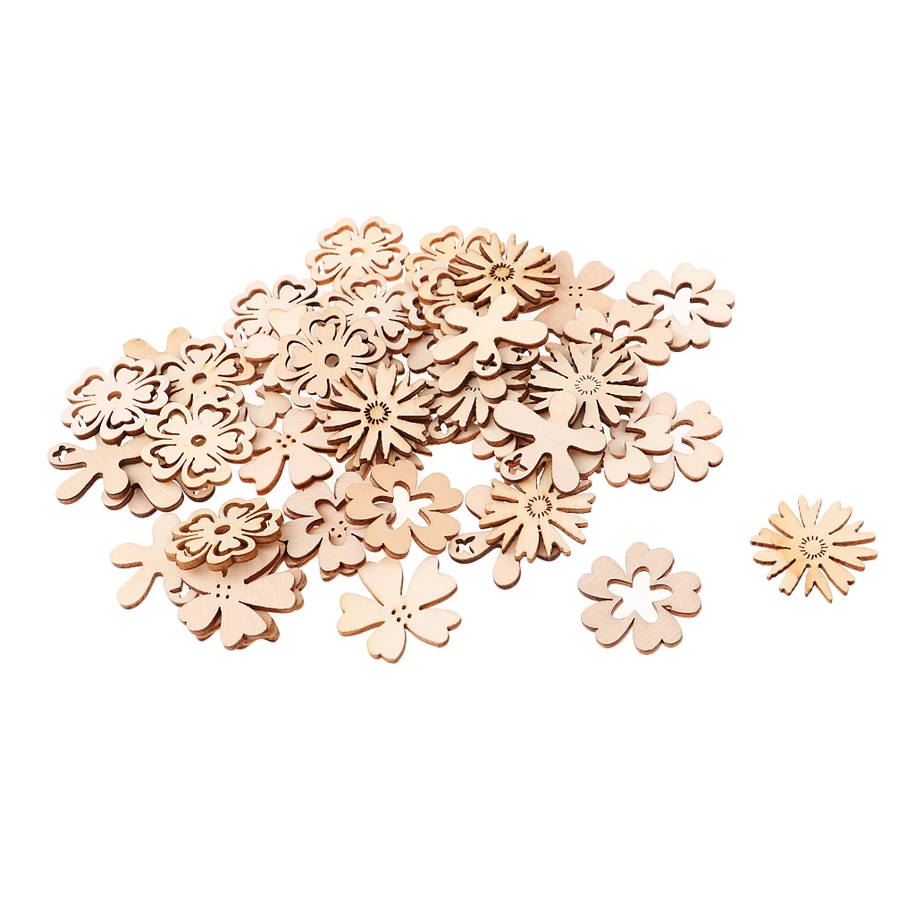 50pcs Wood Hollow Cutouts MDF Wooden Flowers Embellishment Buttons Flatbacks Craft for Scrapbooking Cardmaking DIY Decorations