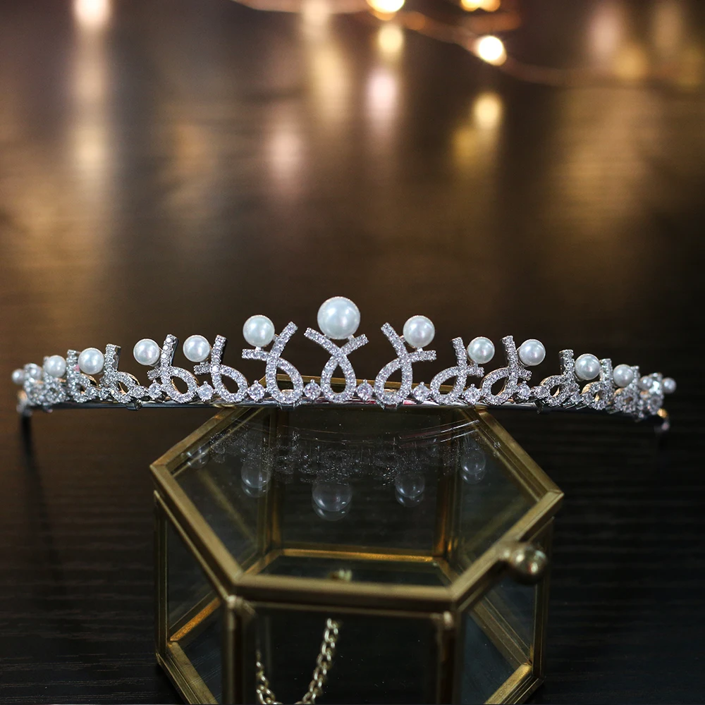 Изысканный Простой Высококачественный кубический циркон Корона Тиара свадебное платье круглый обручение жемчужные волосы лента аксессуары для волос