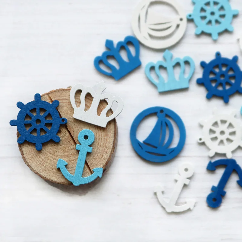 

100pcs Anchor and Helm Wooden Pendants Anchor Steering Wood Gift Tag Scrapbooking Embellishments Decorative Buttons Wedding Deco