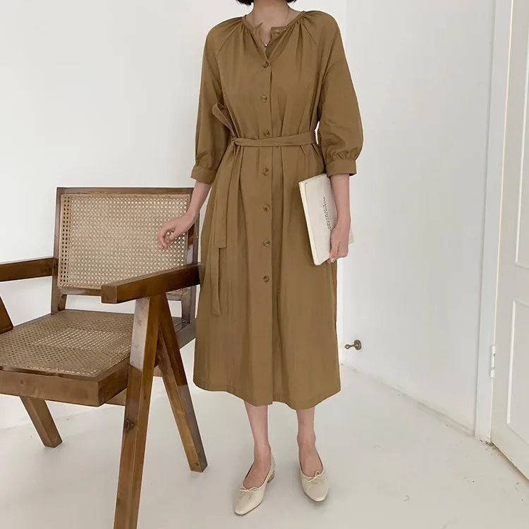 Pure Color Spring Work Office Maxi Shirt Dresses for Women Long with Belt Summer Korean O Neck Casual Vestidos | Женская одежда
