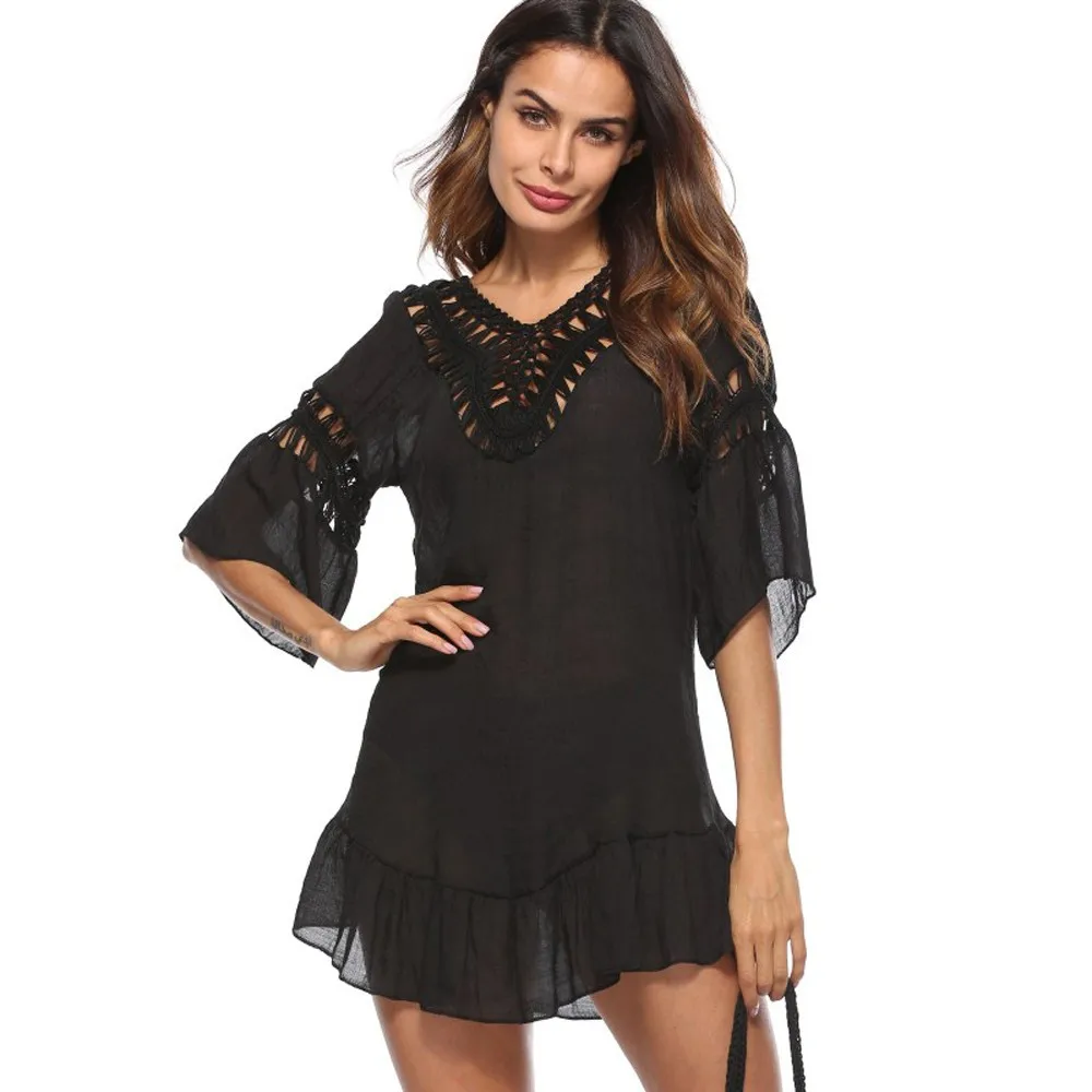 

Women's Individual Tailored Dress Beach Sexy Backless Elegant mini Dresses Solid Color Summer Cropped-Sleeve Loose Dress#20