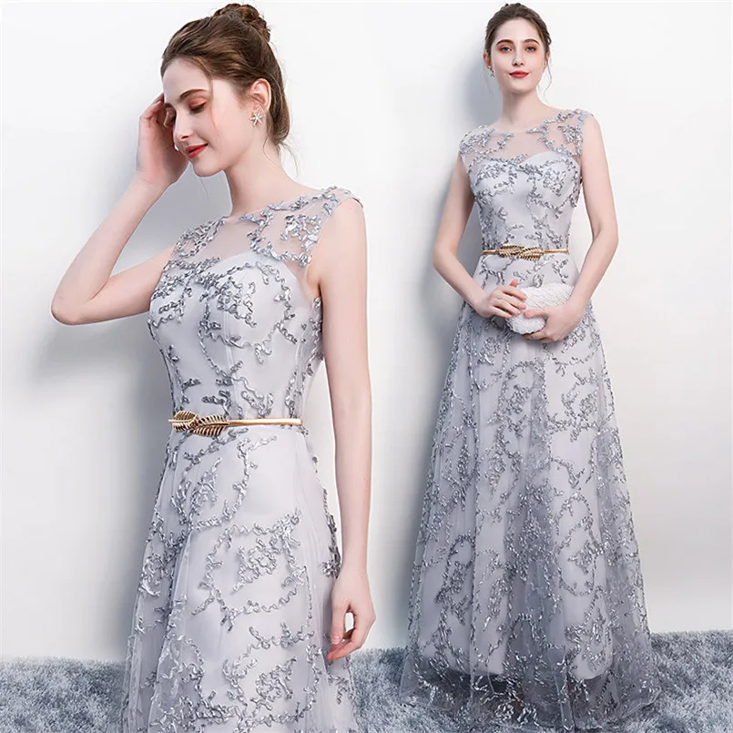 

2019 New Elegant Long Gray / Burgundy Formal Women Evening Dress Plus Size Sleeveless Lace A Line Prom Dress Robe De Soiree