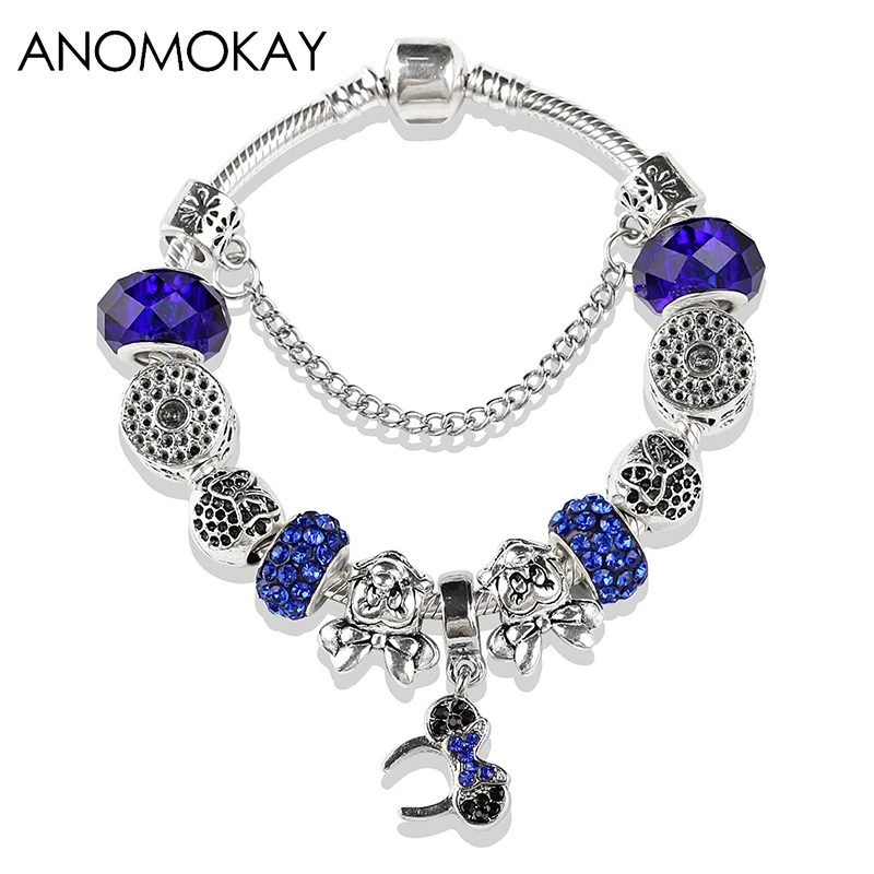 

European & American Royal Blue Crystal Pan Beads Bracelet Antique Silver Mickey Minnie Charm Bracelet for Diy Jewelry Making