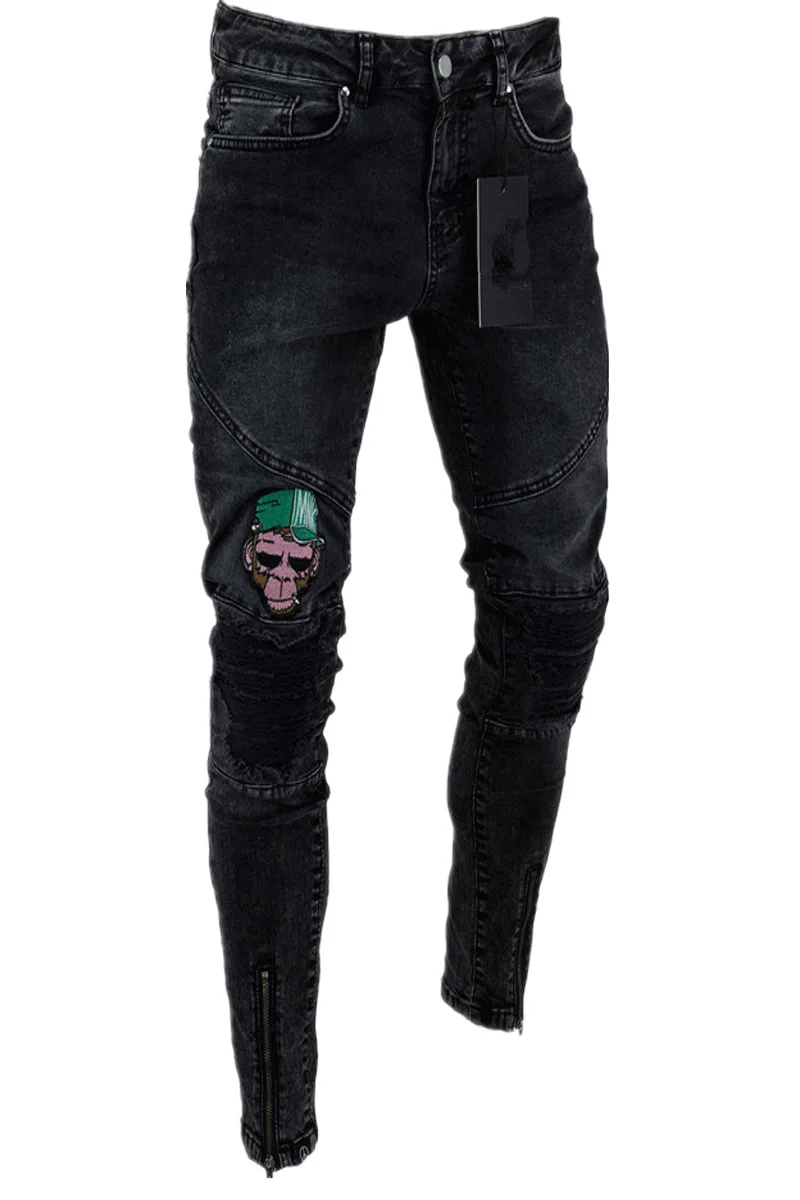 Модные мужские повседневные облегающие брюки, мужские брендовые джинсы с вышивкой, прямые Стрейчевые узкие джинсы, Мужские Черные Брюки homme