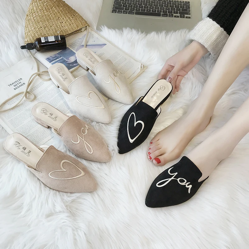 

Spring Women Slippers Flock Female Mules Fashion Low Heels Shoe Pointed Toe Plus Size Elegant Woman Slipper