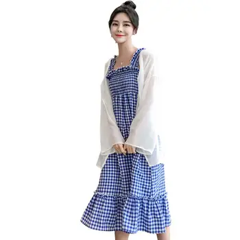 

2019 Summer Maternity Clothing Elegant Solid Cardigan+Plaid Dress Sets Pregnant Women Pregnancy Ruched Casual Cotton Suit Q843