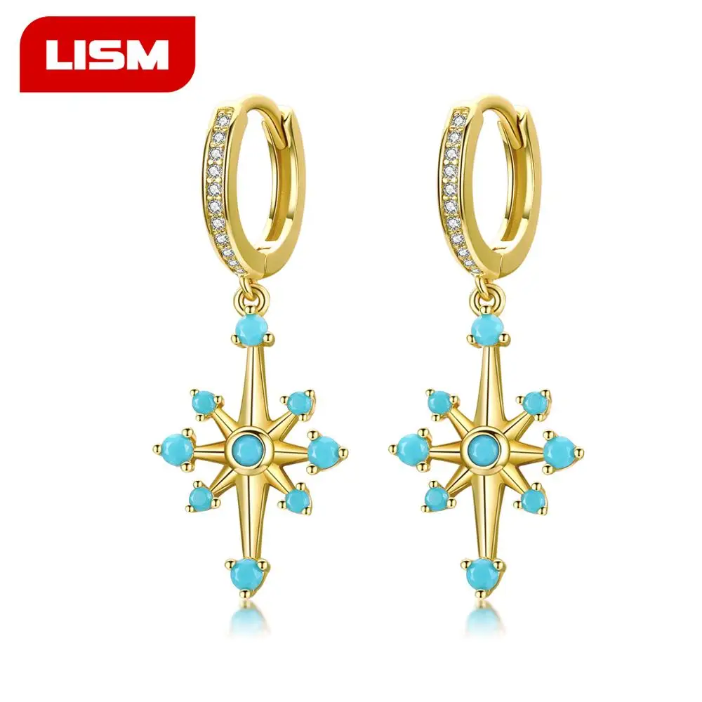 

Boho Blue Star Dangle Earrings for Women Original Design Hanging Earings Gold Color Sterling Silver 925 Jewelry