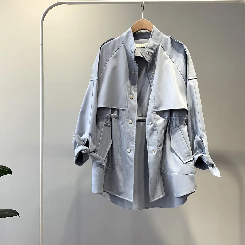 Fashion Trench Coat Female Autumn Windbreaker Drawstring Casual Loose Safari Clothes Stand Collar 2020 Spring Women Short Trench