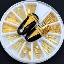 Формы смешивания, золотые металлические стержни, изогнутые прямоугольные треугольные бусины, заклепки, дизайн ногтей, драгоценные камни, декоративные стразы, колеса, сделай сам