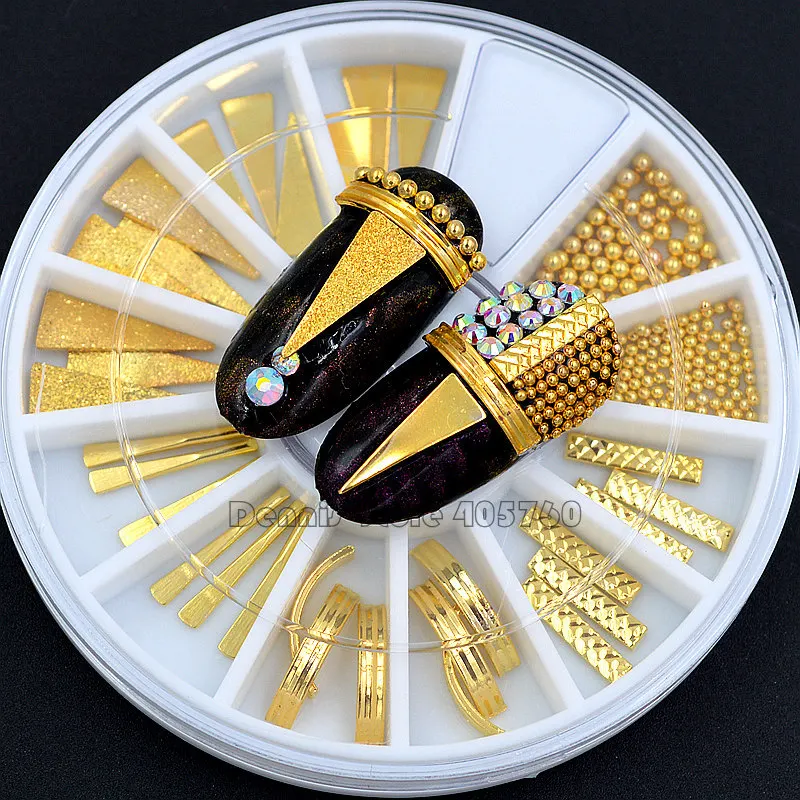 مزيج الأشكال الذهب القضبان المعدنية عازمة مستطيل الخرز المثلث المسامير مسمار الفن الجواهر الديكور الراين عجلة DIY نصائح