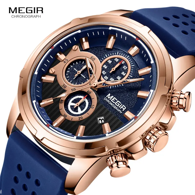 MEGIR Orologio Sportivo Uomo Al Quarzo - Cronografo, Cinturino In Silicone Blu E Oro Rosa, Impermeabile 3ATM, Con Calendario E Luminescenza - 4