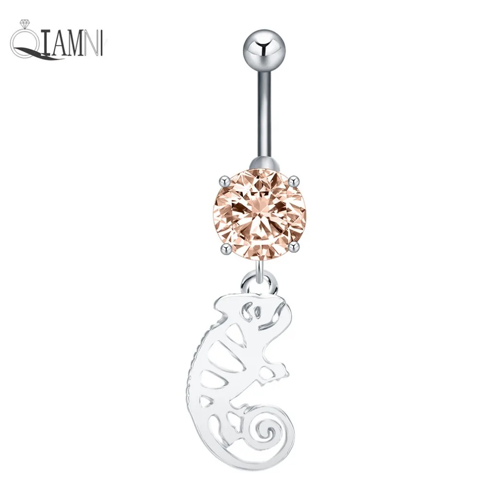 

QIAMNI Punk Sexy Women Gecko Lizard Zircon Piercing Steel Bar Navel Belly Button Dangle Barbell Ring Body Jewelry Summer Gift