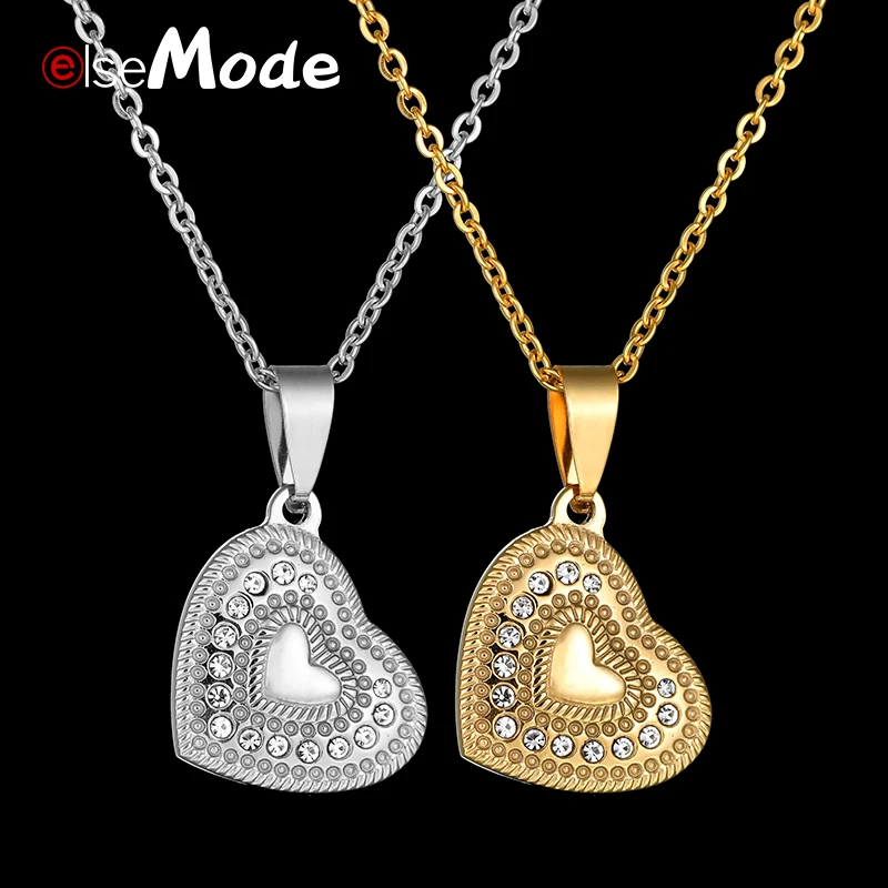 

ELSEMODE 1PC Bling Cubic Zirconia Love Heart Pendant Necklaces Gold Stainless Steel Women Wedding Jewelry Engagement Gifts