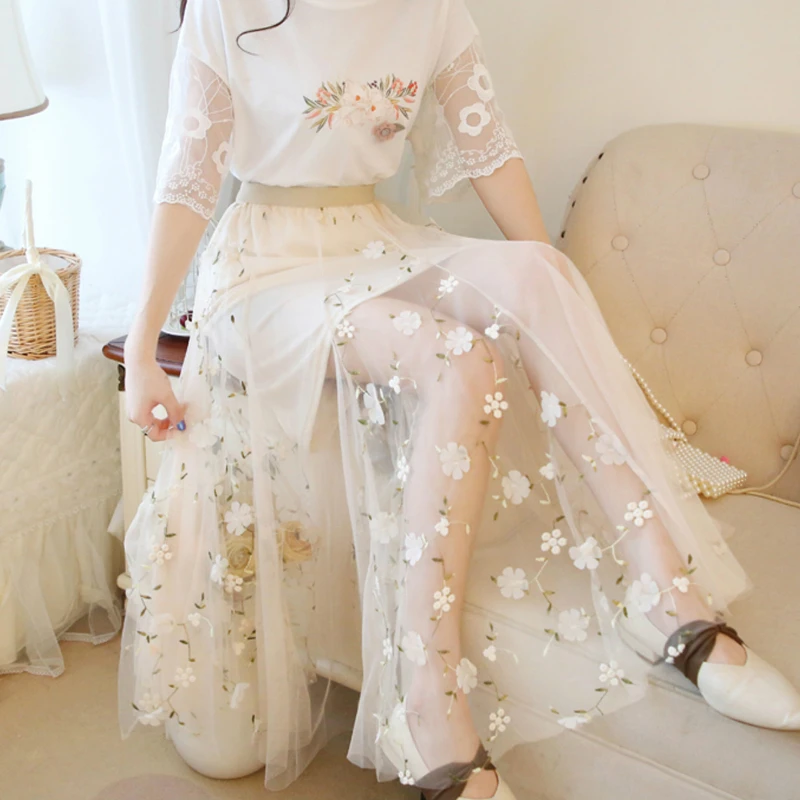

3D Flowers Embroidery Long Gauze Skirts High-waist Floral Embroidered A-line Patchwork Ankle Long Tulle Skirt Pink Ivory Skirts