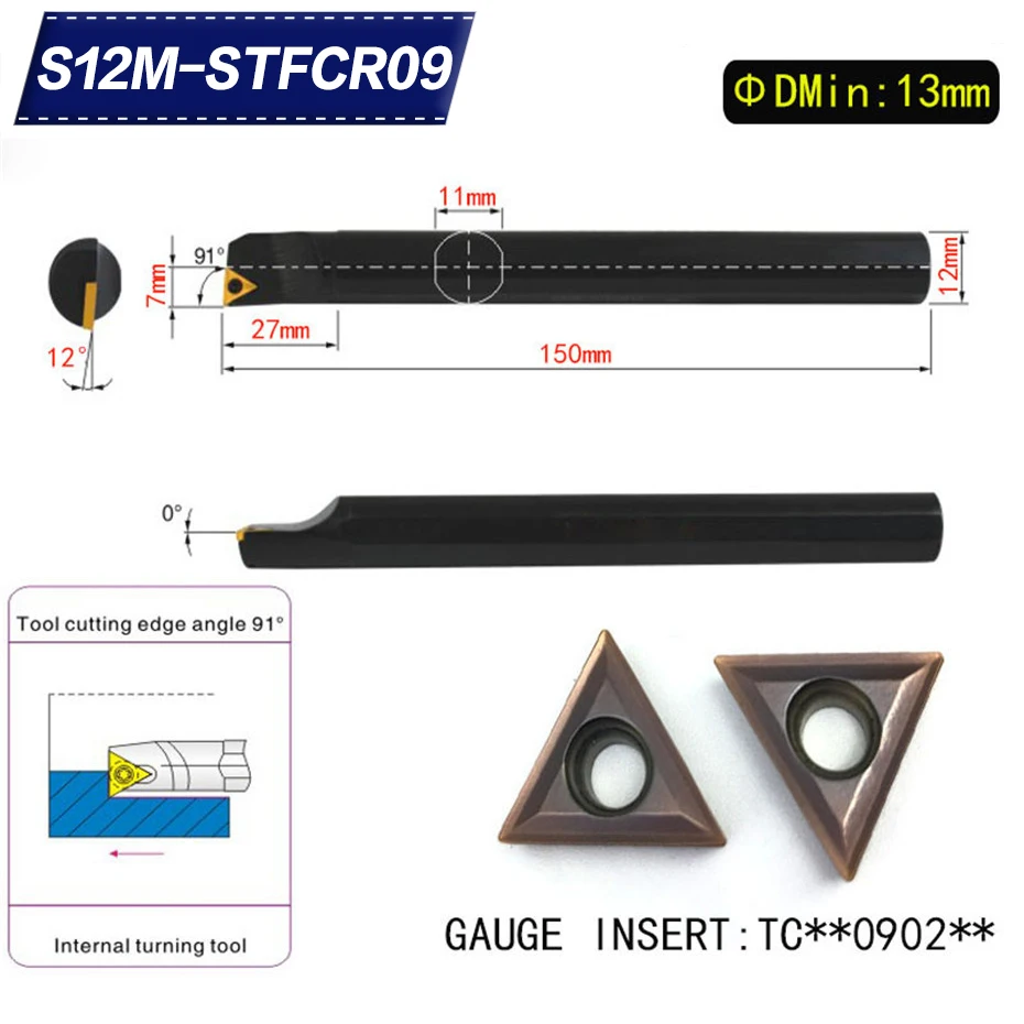 

S12M-STFCR09 91 Degrees Internal Turning Tool Holder For VCMT090204 VCMT090208 Insert Internal Boring Bar Lathe Machine