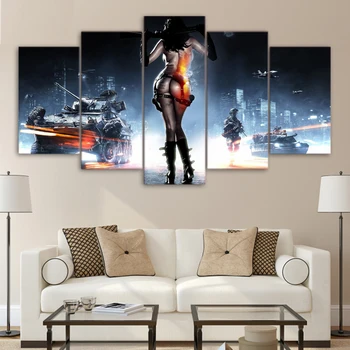 

5 Pieces Home Decor Battlefield Female Warrior Game Painting Framework Modern Pictures Canvas Poster HD Printed Wall Art