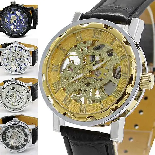 Classic font b Men s b font fashion Black Leather Skeleton font b Mechanical b font