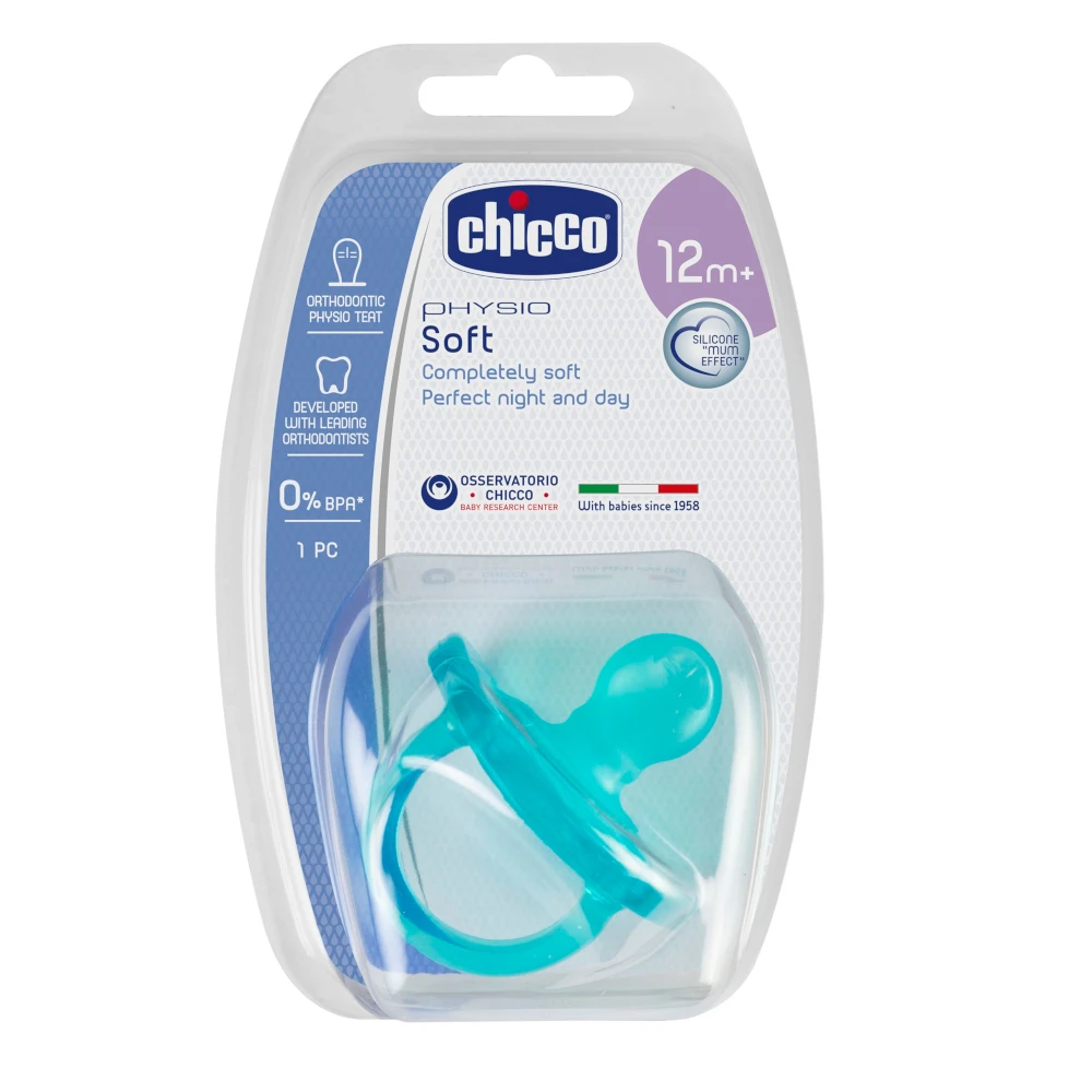 Пустышка Chicco Physio Soft, 1 шт., 12 мес.+, силикон, голубая