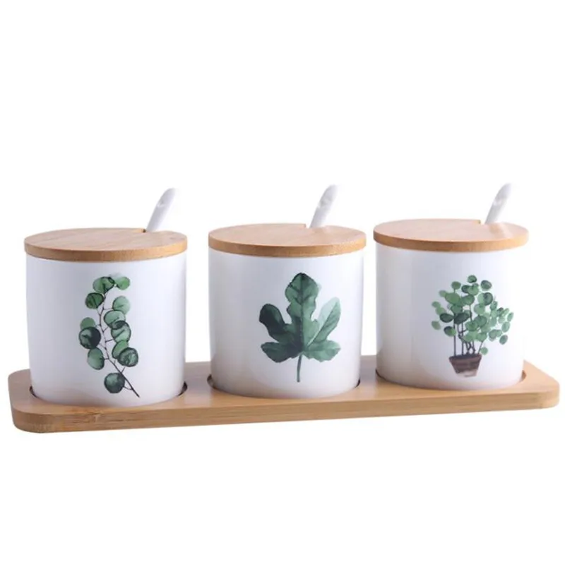 

Nordic Plant Ceramic Seasoning Jar Set Spice Pot Sugar Salt Pepper Container With Bamboo Lid Spoon Kitchen Seasoning Rack 300ml