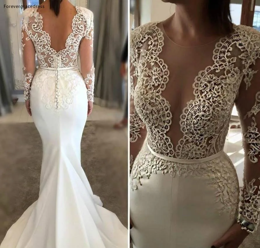 Simple Ivory White Mermaid Lace Satin Wedding Dresses Sexy Backless with Buttons Sheer Deep V Neck Long Sleeves Garden Beach Bridal Gowns  155