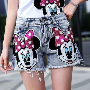 

Summer shorts female 2020 summer new embroidery cartoon sequins slim slimming denim shorts hot pants women