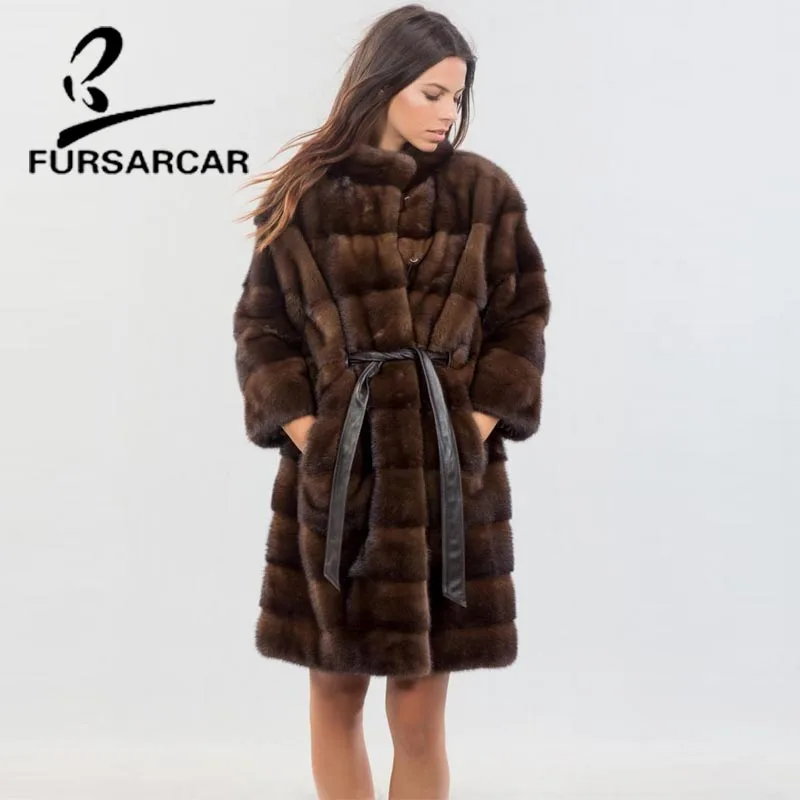 

FURSARCAR Top Quality Real Mink Fur Coat For Women 90 CM Long Mink Fur Coat With Stand Collar Female Natural Mink Fur Coat