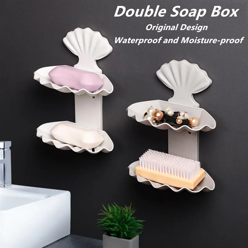 

Bathroom Storage Organizer Double Soap Dish Holder Shell Box Plastic Bathroom Kitchen Corner Storage Rack of shower shelf