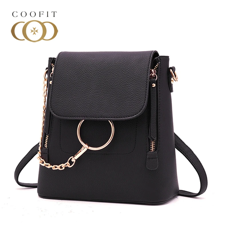 

Coofit Stylish Chains Mini Backpack For Women Unique Ring PU Leather Travel Bags Girls Female Embossed Shoulder Bag Flap Cover
