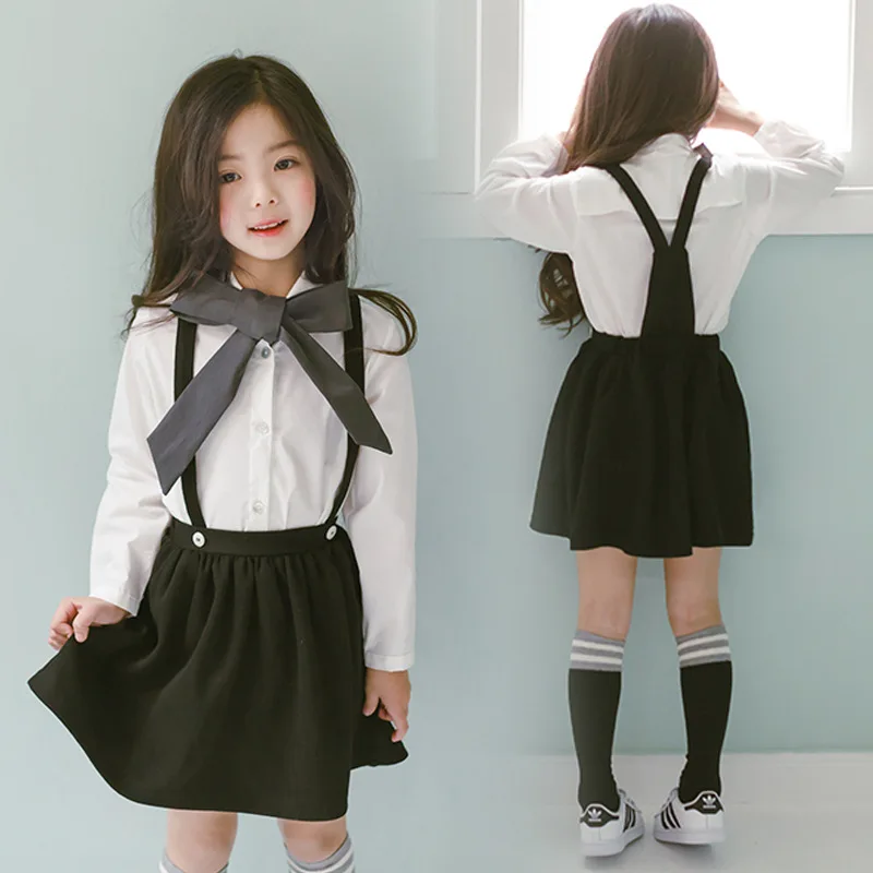  2019 New Kids Spring Suit Big Bow Girls Blouses and Overalls Dress Baby Set Cotton Children Suit To