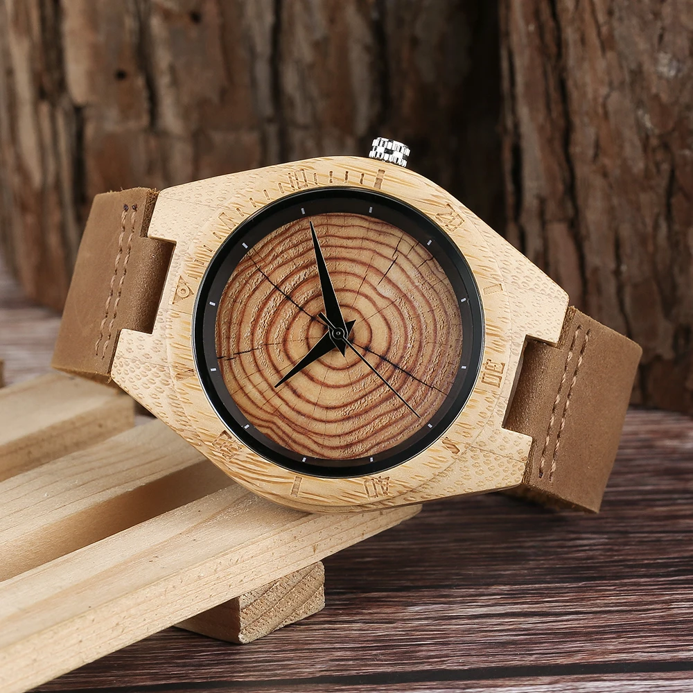 Growth Ring Dial Women Bamboo Wood Watch Brown Geunine Leather Strap Men Female Wooden Quartz Watches Handmade Wood Clock Reloj (9)