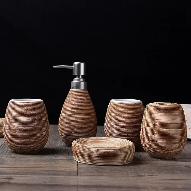 

Houmaid Bathroom Accessories Set Antique Hand-made Ceramic Toothbrush Cups Holders Liquid Soap Dispenser Soap Rack 5pcs