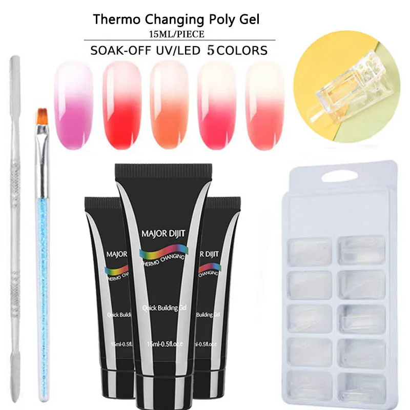

5pc/lot Thermo Changing Poly Gel Soak-Off UV LED Include False Nail Steel Push Nail Brush Clip Fashion Professional Nail Art Set