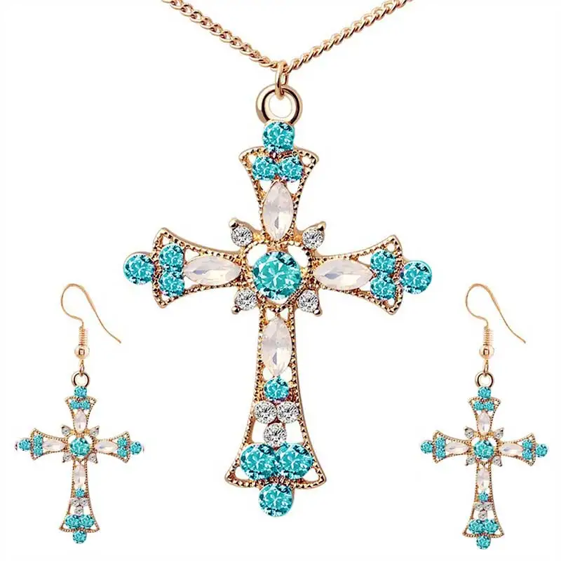 Массивное ожерелье для женщин, колье, цветок Иисуса, христианская религия, ювелирное изделие, кристалл, крест, подвеска, ожерелье, серьги, наборы - Окраска металла: 2