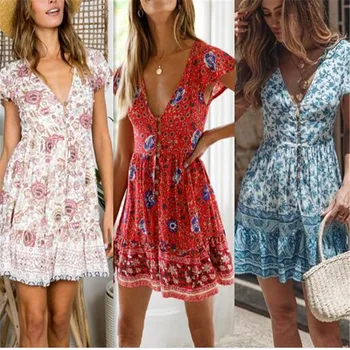 

Women Sexy Floral Sleeveless mini Dress Ladies zipper button bohe Sundress Printing v-neck summer spring Beach Dresses