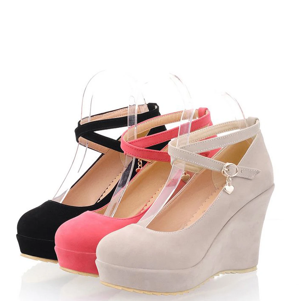 

Spring & Autumn Sweet Lolita Girl Criss Cross Strap Faux Suede High Heel Wedge Shoes