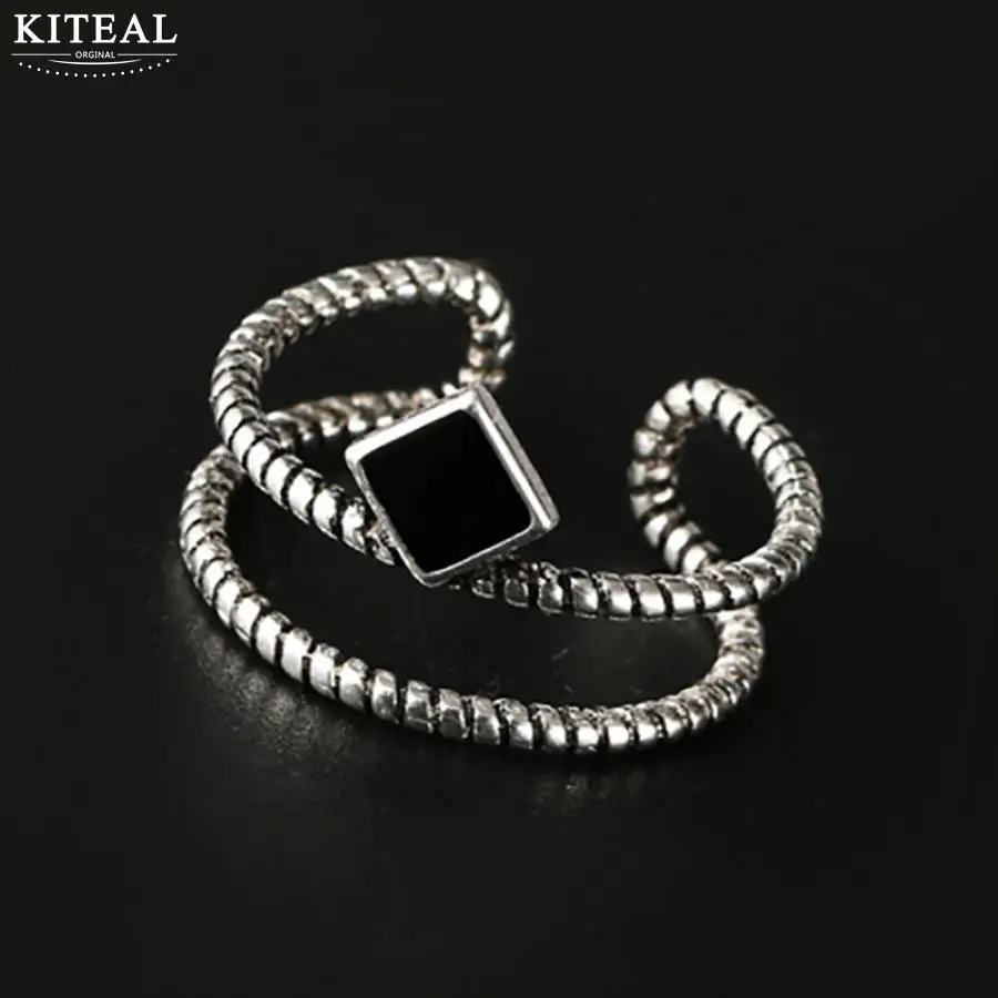 

Kiteal New Vintage Top quality 925 jewelry Silver Square black Epoxy Double Layer Rope Opening Ring For Women S-R119