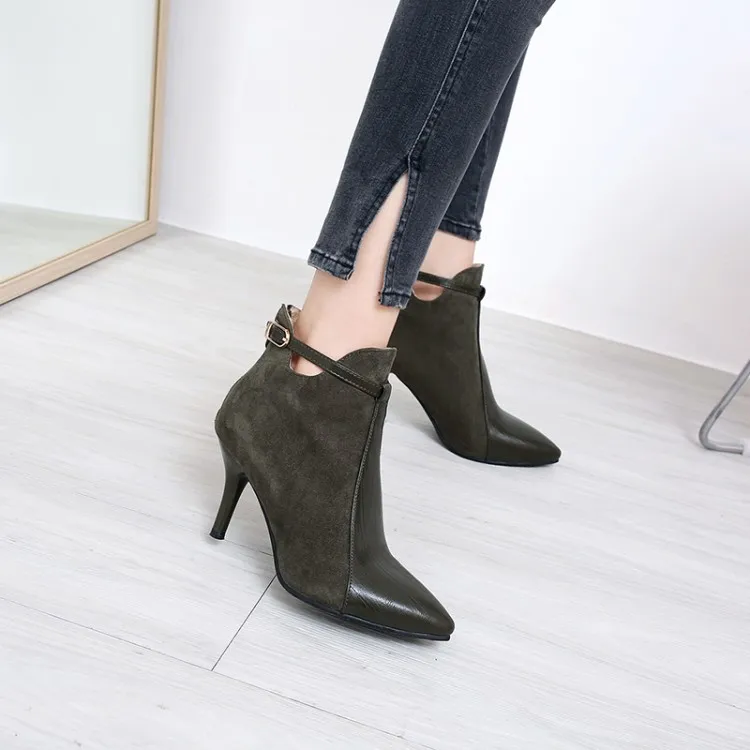 

Big Size 11 12 13 14 15 Ma'am Fine heel Short boots Pure color Metal decoration Fashion boot barrel High heel boots