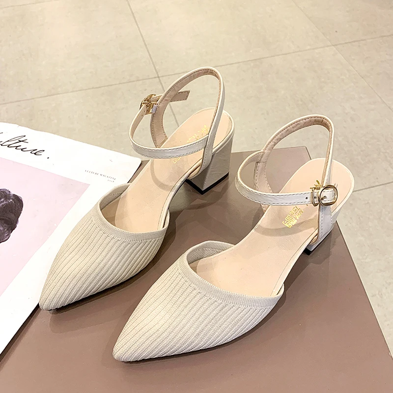 

Summer Women Slingbacks Pumps Knitted Vamp High Heels Black Beige Pointed Toe Woman Party Shoes Brand Thick Heel 2019 Sandals