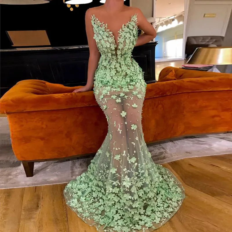 

Mint Green Muslim Evening Dresses 2019 Mermaid Tulle Flower Pearls See Through Dubai Saudi Arabic Long Evening Gown Prom Dress