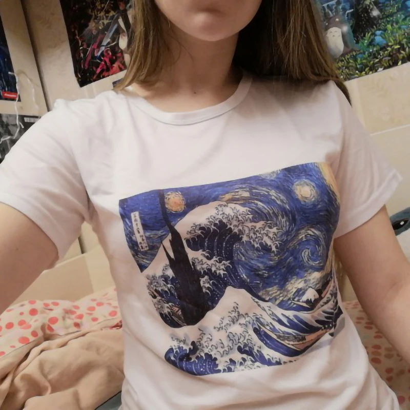 

Harajuku Vincent Van Gogh The Starry Night Ukiyo-e Print T-shirt Aesthetic Creative Tee Tops Women Japanese Style Wave Tshirts