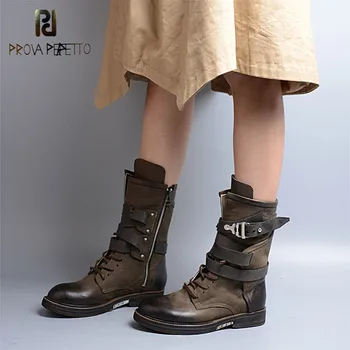 

Prova Perfetto Fashion Genuine Leather Lace Up Zipped-side Belt Buckle Motorcycle Boot Retro Round Toe Army Green Low Heel Boots