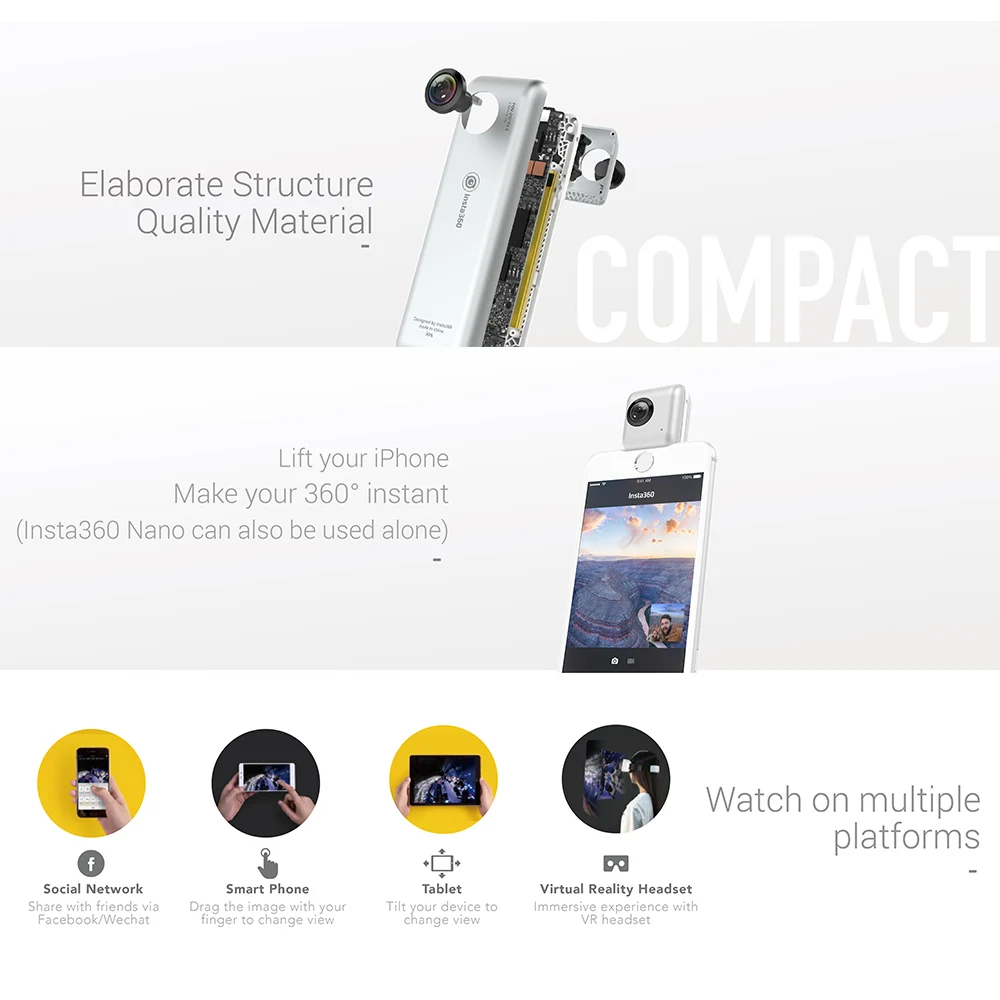 Insta360 Nano Mini 3K панорамная видеокамера Видео объектив камеры "рыбий глаз" гарнитура очки прямая трансляция для iPhone 7/7 Plus/6s/6s Plus