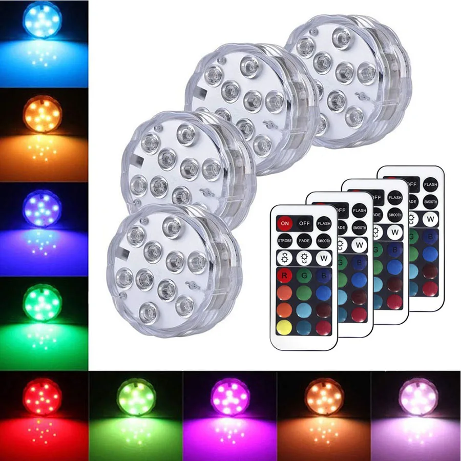 10leds RGB Submersible Light Underwater LED Night Light Swimming Pool Light for Outdoor Vase Fish Tank Pond Disco Wedding Party underwater led lights