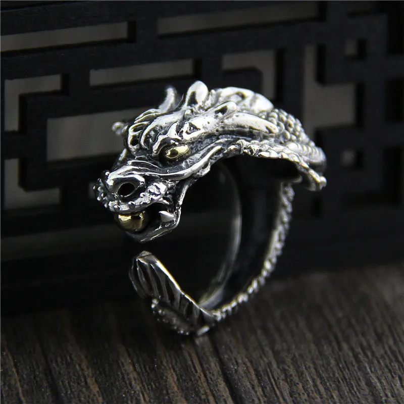 

C&R 925 Sterling Silver Rings Dragon Head gold beads in Mouth vintage ring men Fine Jewelry Size 10-12 Adjustable